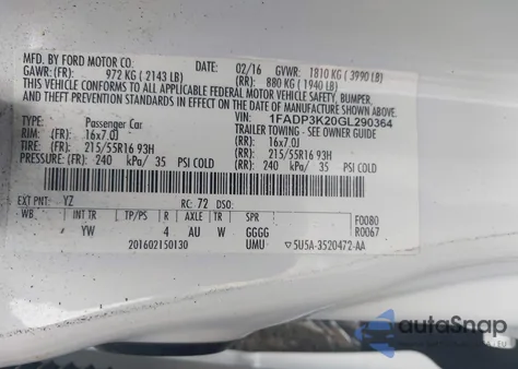 2016 Ford Focus Se z USA, uszkodzony, nr VIN 1FADP3K20GL290364